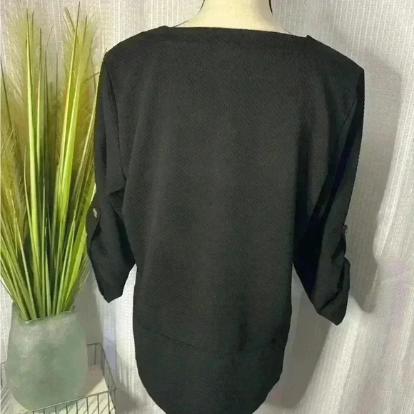 Kaktus Women’s Large Black Textured 3/4 Roll Tab Sleeve Front Pocket Hobo Tunic - Picture 7 of 15